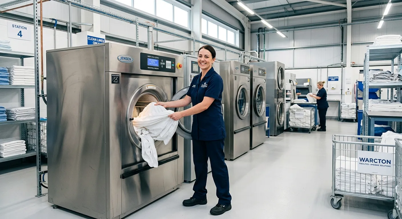 A professional, well-lit photo of a modern, clean industrial laundry facility in Warrington. A friendly Laundry Attendant in a crisp uniform is operating a large commercial washing machine, smiling. The atmosphere is efficient, hygienic, and positive.