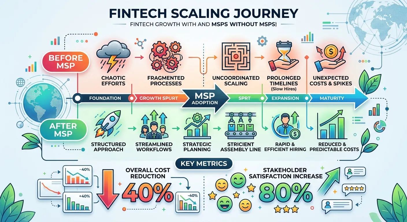 An infographic showing a timeline titled 'FinTech Scaling Journey'. It contrasts 'Before MSP' (icons for chaos, long timelines, high cost) with 'After MSP' (icons for structured process, rapid hiring, reduced cost). Include key metrics like 40% cost reduction and 80% satisfaction increase.