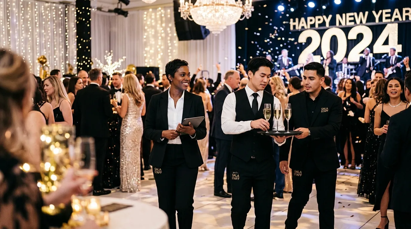 A dynamic, professional hero image showing a diverse team of event staff in black and white uniforms working seamlessly at an upscale New Year's Eve gala. The mood is energetic, sophisticated, and confident, with a slight blur effect on the celebratory background to focus on the staff's professionalism.