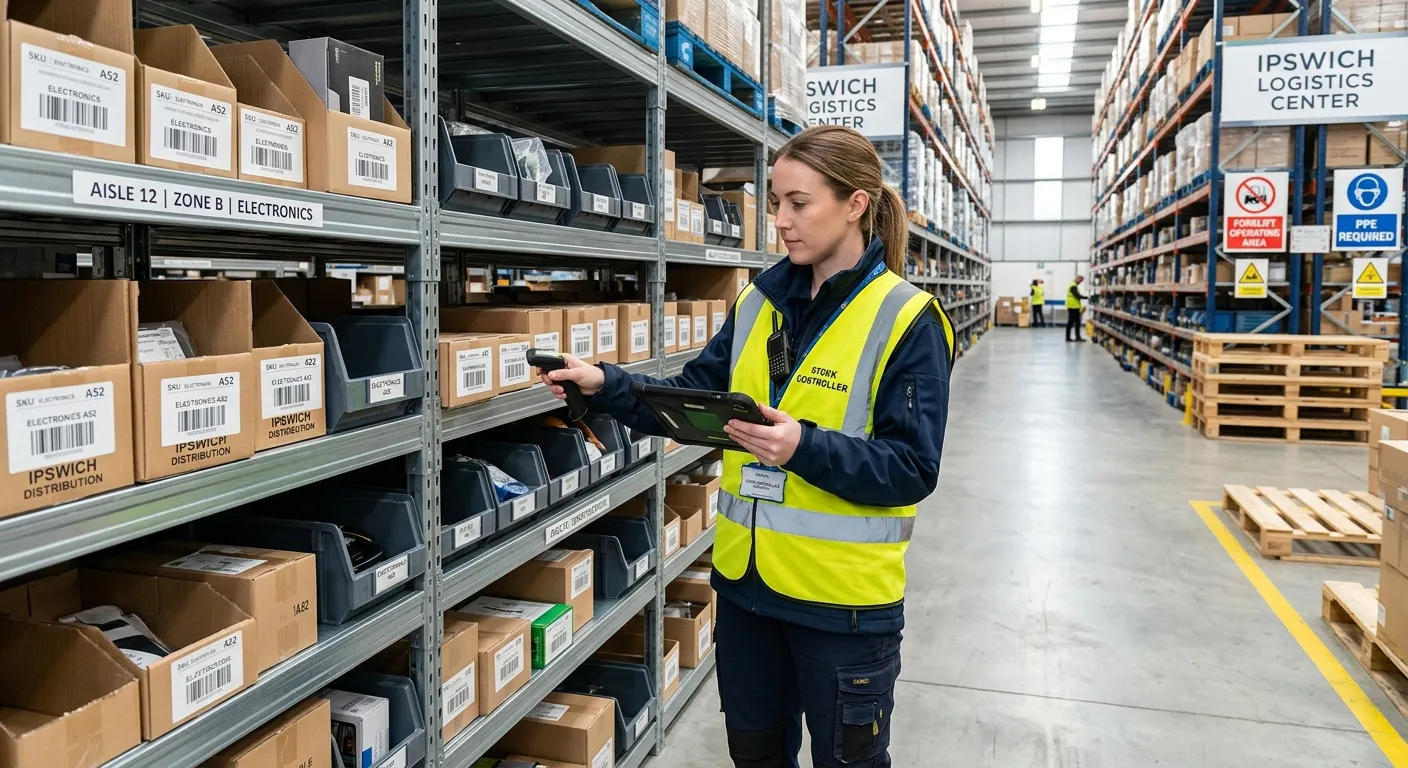 A professional, well-lit photo of a modern warehouse stockroom in Ipswich. A person in a high-vis ve... A professional, well-lit photo of a modern warehouse stockroom in Ipswich. A person in a high-vis vest is using a tablet to scan barcodes on neatly organised shelves, representing the Stock Controller role. Style: realistic, aspirational, clean.