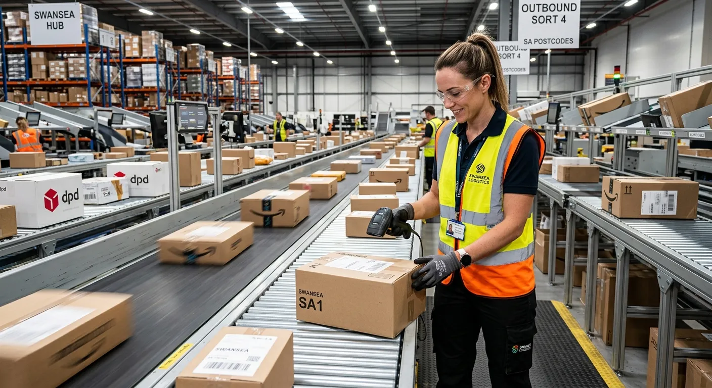 A dynamic, professional photo of a Parcel Sorter in a modern Swansea logistics warehouse. The indivi... A dynamic, professional photo of a Parcel Sorter in a modern Swansea logistics warehouse. The individual is efficiently scanning parcels on a conveyor belt, wearing high-visibility gear. The mood is energetic, focused, and modern.
