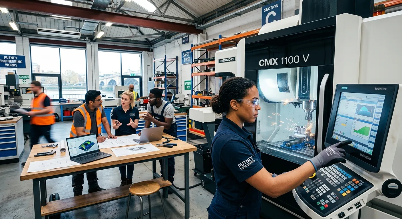 A dynamic, high-energy shot of a modern industrial workspace in Putney. A skilled machine operator in safety gear is focused on a CNC machine control panel, with other diverse agency workers collaborating in the background. Style: Professional, vibrant, and action-oriented.