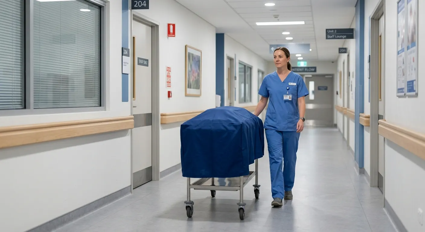 A professional, respectful, and well-lit image of a hospital or mortuary corridor, with a person in appropriate, clean work attire pushing a discreet, covered trolley. The mood is dignified, calm, and professional.