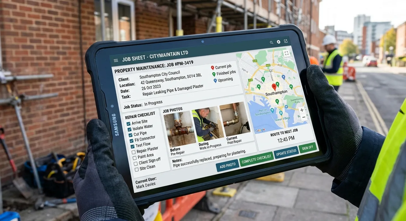 A Property Maintenance Operative's tablet screen showing a digital job sheet with a checklist, photos of a repair, and a map with pins for locations in Southampton.