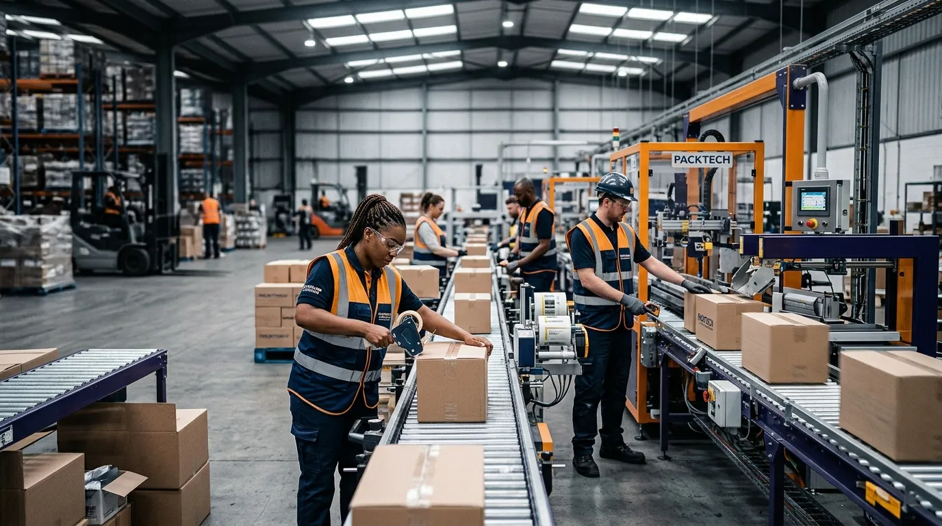 A dynamic, high-energy hero image of a modern, efficient packaging line in a warehouse. Workers in high-visibility vests are operating machinery and packing boxes seamlessly. The mood is professional, productive, and technologically advanced. Use a slightly desaturated background with vibrant amber and indigo accents on uniforms or machinery to match brand colors.