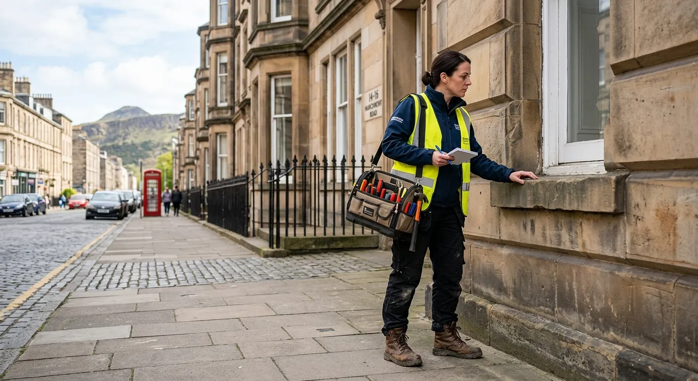 A professional, well-lit photo of a Property Maintenance Operative in Edinburgh, wearing a high-visibility vest and work boots, carrying a toolkit and inspecting a residential building's exterior. The style should be realistic, confident, and convey a sense of skilled, reliable work. The mood is professional and trustworthy.