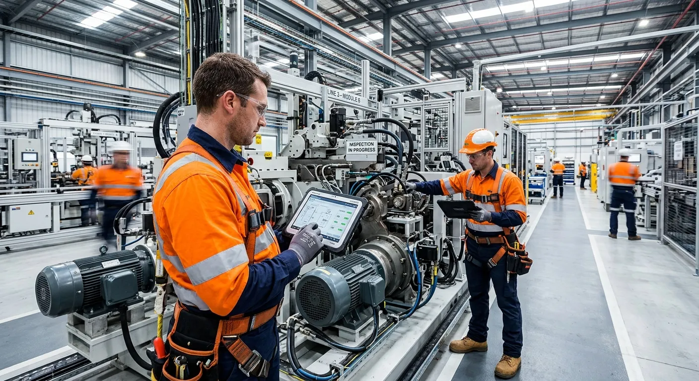 A modern, well-lit industrial facility with a maintenance technician in high-visibility gear using a digital tablet to inspect complex machinery. Professional, clean, and dynamic mood.