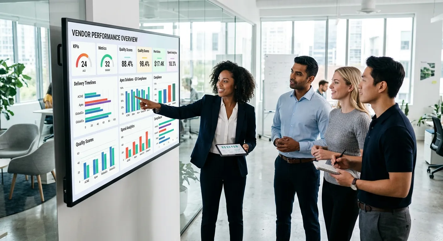 A professional, high-contrast image of a diverse group of modern office professionals collaborating in a bright, airy workspace. One person is pointing to a large, clear dashboard on a screen showing multiple vendor performance metrics. Style: Corporate, clean, and dynamic.