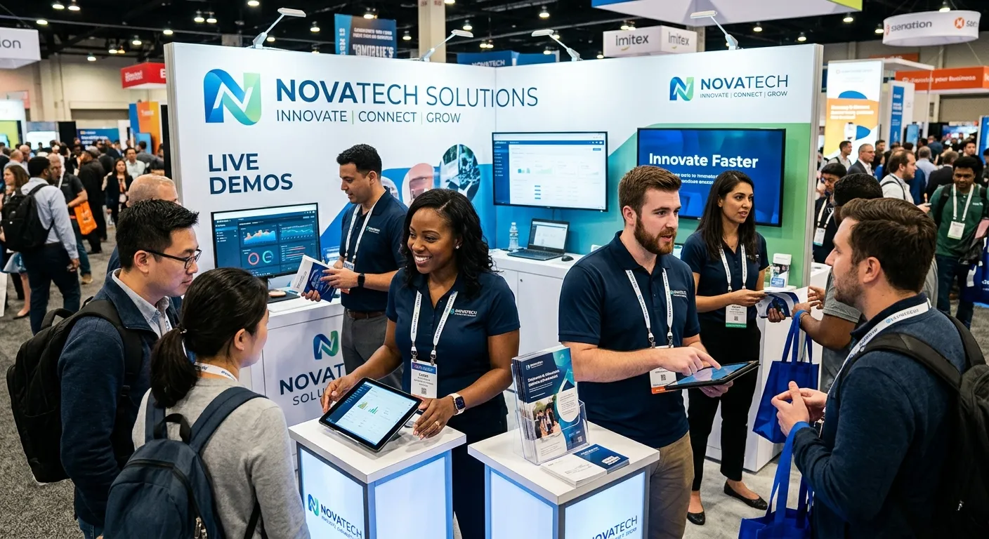 A dynamic, professional scene of a diverse promotional team engaging with customers at a high-energy... A dynamic, professional scene of a diverse promotional team engaging with customers at a high-energy trade show booth, showcasing branded apparel and interactive product demos, with a focus on professionalism and impact.