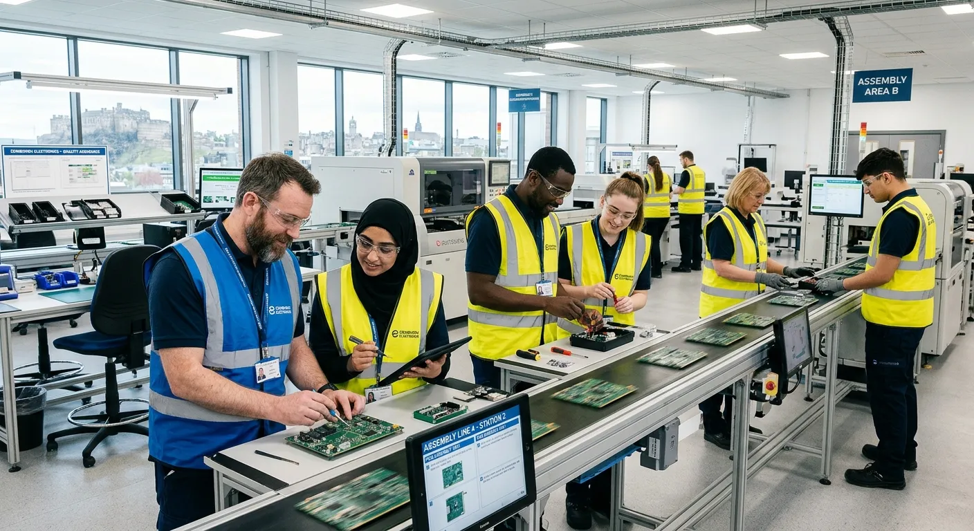 A professional, diverse team of factory operatives in high-visibility vests collaborating on an assembly line in a modern, clean Edinburgh manufacturing facility. Style: authentic, bright, aspirational.