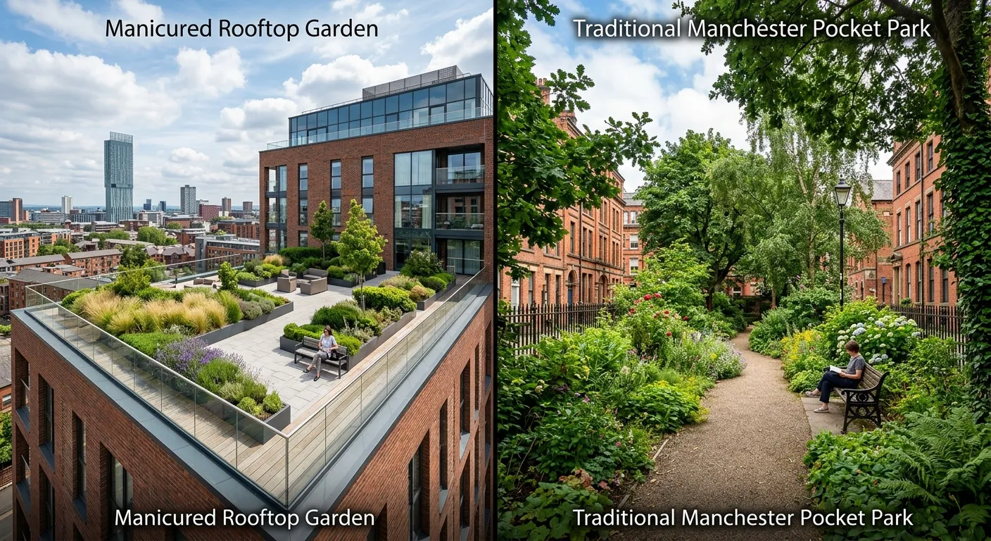 A contrasting split-screen image showing a manicured rooftop garden in a modern Manchester apartment complex next to a traditional, lushly planted pocket park in the city centre.