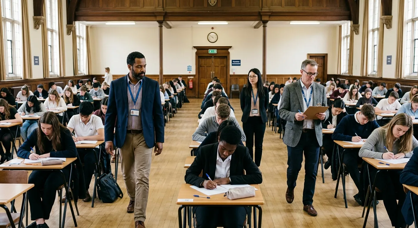 A professional, well-lit photograph of an exam hall in a Liverpool educational institution. A diverse group of focused invigilators, dressed smart-casual, are monitoring students during an exam. The mood is calm, professional, and orderly, with a focus on the invigilator's attentive role.