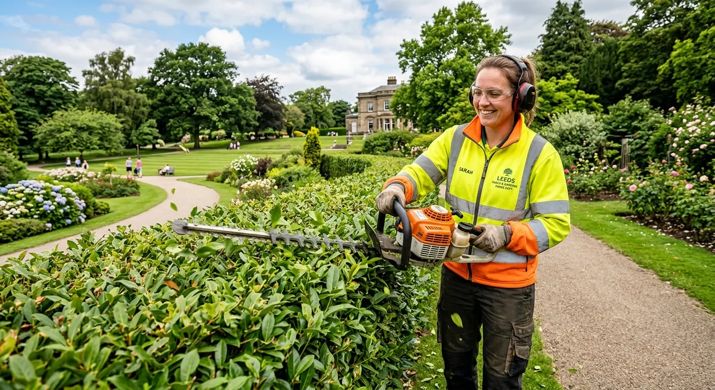 A professional, smiling gardener in high-vis workwear, using a hedge trimmer in a well-maintained Leeds park or garden, showcasing skill and a positive work environment.