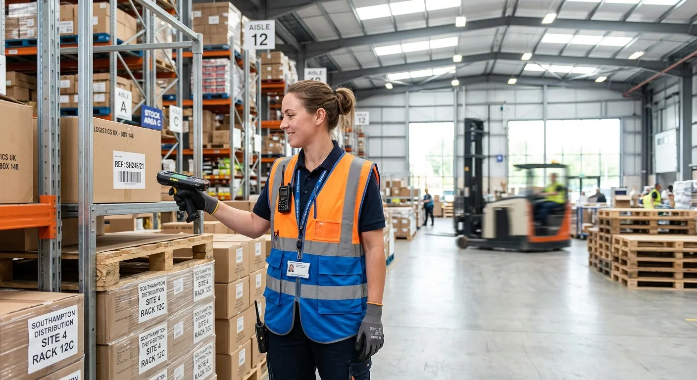 Professional UK warehouse stock controller scanning inventory in a clean Southampton distribution depot, bright natural light, realistic documentary style, confident worker, shelves and pallets, blue and amber PPE, high-resolution corporate recruitment photography
