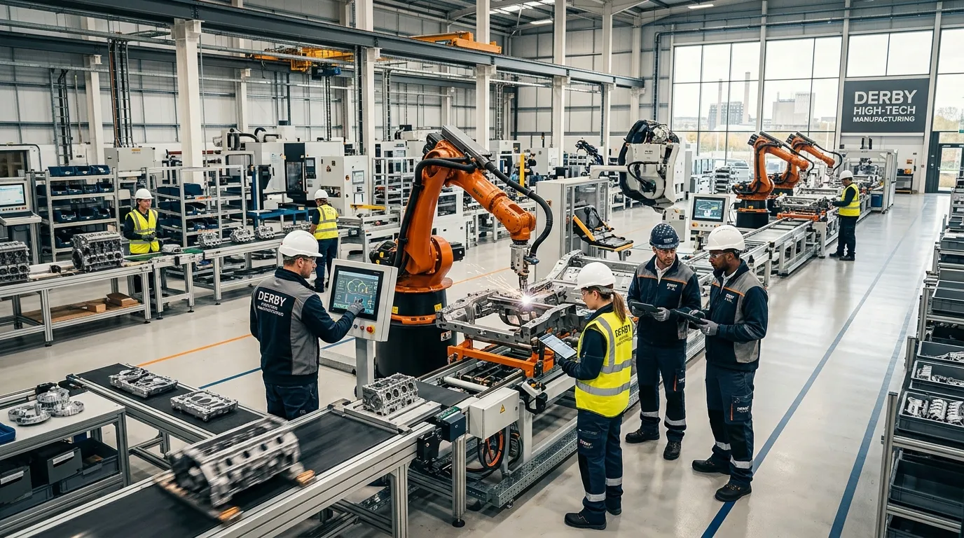 A dynamic, high-energy hero image of a modern, high-tech manufacturing facility in Derby. Focus on a... A dynamic, high-energy hero image of a modern, high-tech manufacturing facility in Derby. Focus on advanced machinery, skilled technicians in safety gear working collaboratively, and a clean, efficient production line. Style should be professional, sharp, and inspiring.