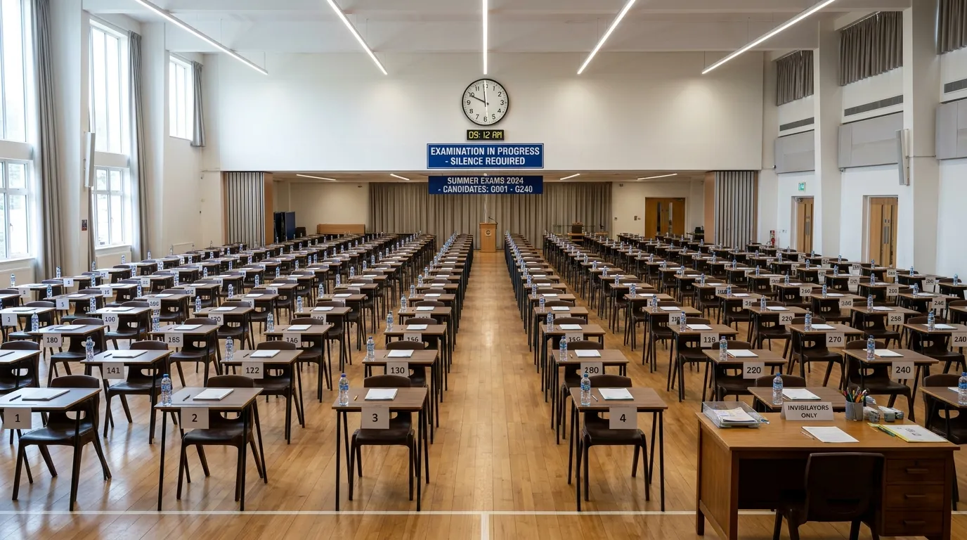 A wide-angle, professional photo of a bright, orderly school examination hall from the front perspec... A wide-angle, professional photo of a bright, orderly school examination hall from the front perspective, showing rows of individually spaced desks, a clock on the wall, and signage, ready for candidates to enter.