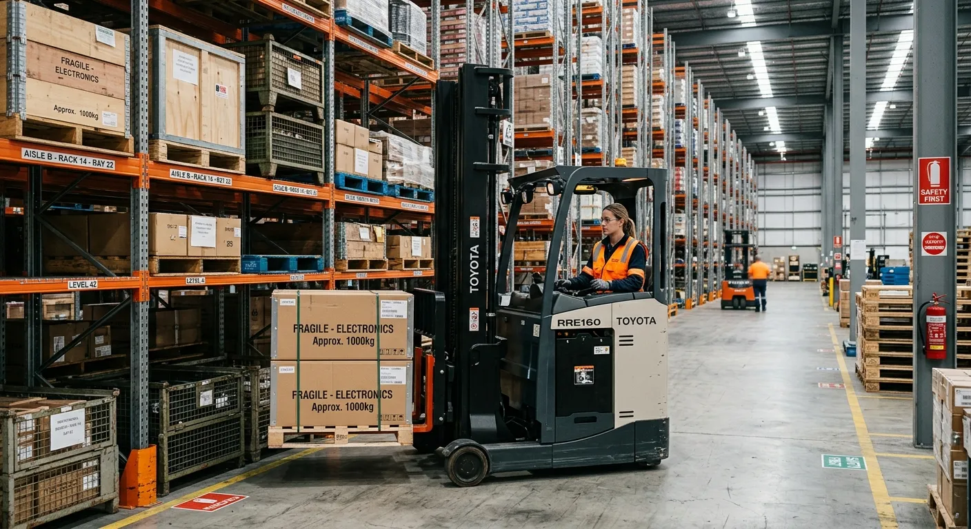 A professional reach truck operator in a modern, high-bay warehouse, safely and precisely moving pal... A professional reach truck operator in a modern, high-bay warehouse, safely and precisely moving pallets in narrow aisles. The image should convey efficiency, safety, and scale.